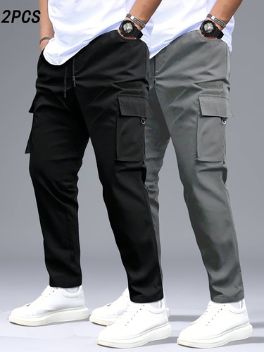 2 Pieces Men's Cargo Pants Black Gray with Drawstring Waist Cross-border