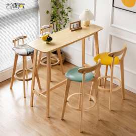 北欧实木小吧台桌椅组合家用简约高脚长条桌靠墙酒吧桌阳台咖啡桌
