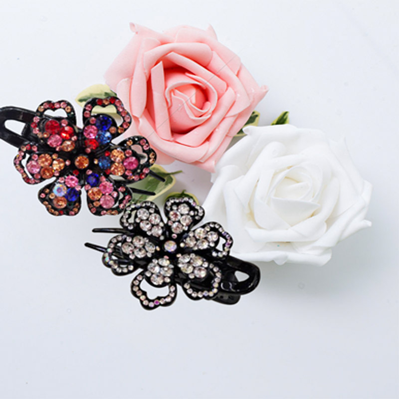 韓國ins 三齒夾鴨嘴夾盤發後腦勺側面髮夾女優雅固定花型水鑽髮飾