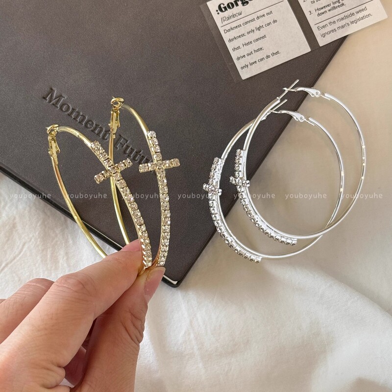 欧美夸张闪钻十字架素圈耳圈女小众设计高级感耳环显瘦大圈圈耳饰|undefined