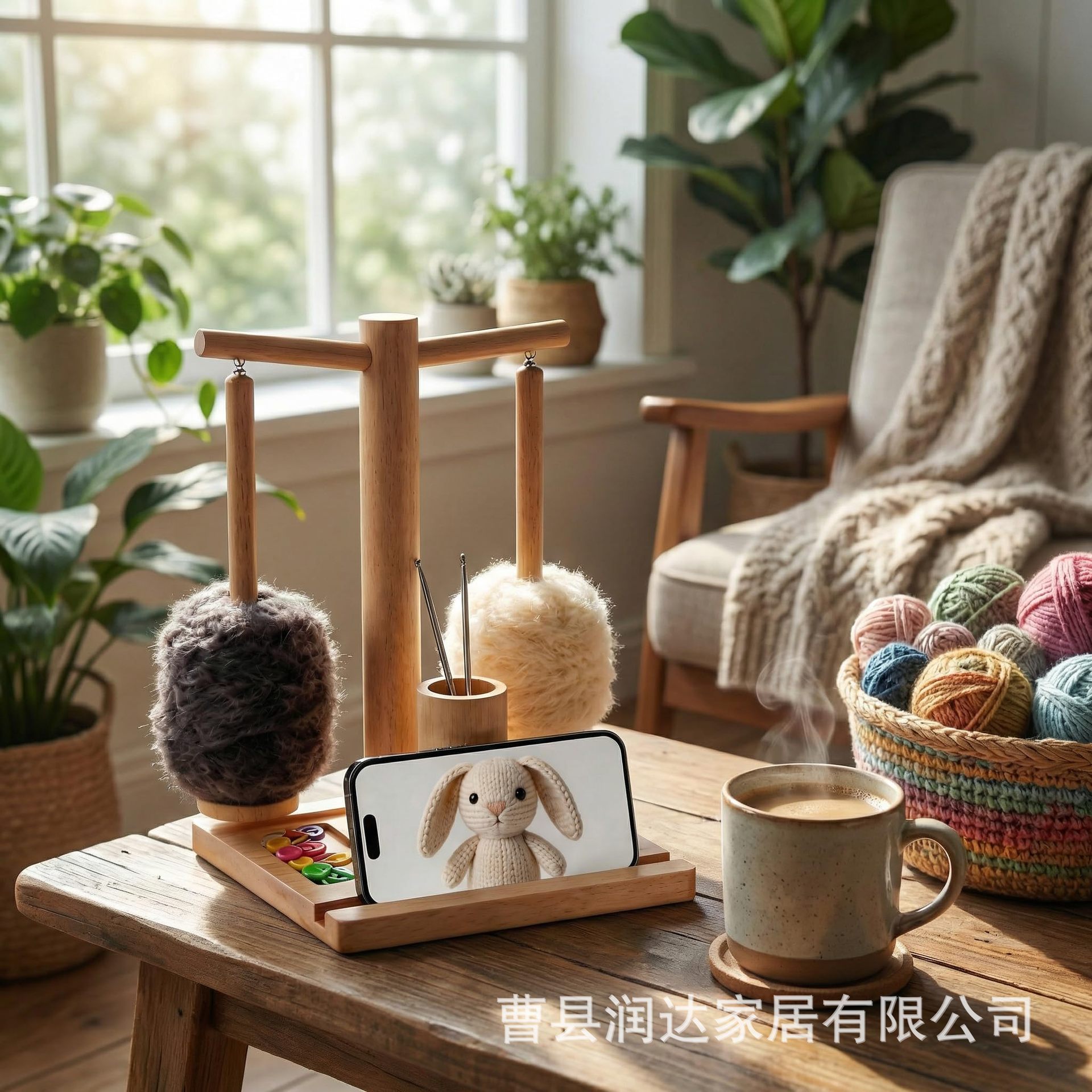Wooden Spool Stand with Dual Rotating Magnetic Yarn Holders, Desktop Spinning Yarn Stand, Handmade Knitting Tool