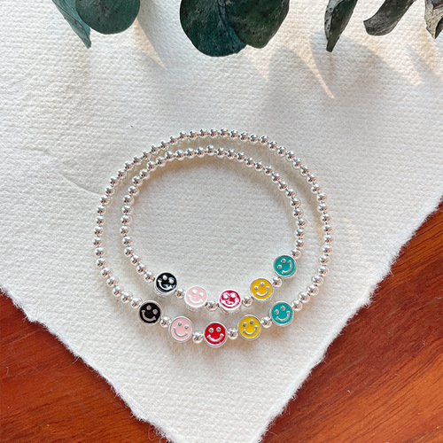 S925 Rainbow Children's Bracelet Korean Version Handmade Bead Rainbow Smiling Droplet Epoxy Five-Color Silver Bead New Model Parent-Child Bracelet