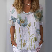 美式复古短袖t恤女式休闲T恤衫 夏季简约花草印花短袖上衣ME15