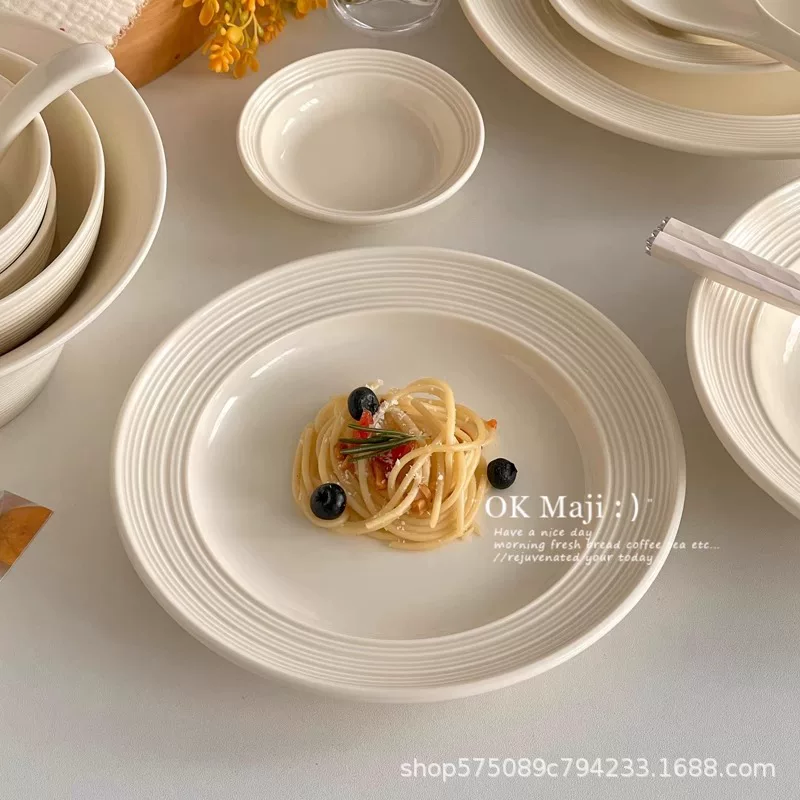 Ceramic tableware plates and bowls, ins‑style ribbed design, light luxury, multiple sizes