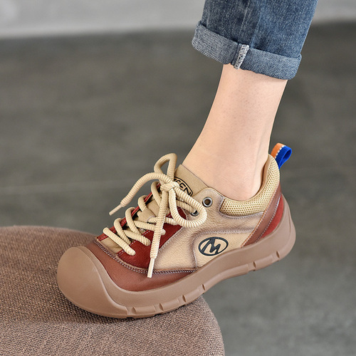 2024 Spring New Casual Versatile Laced Ankle Shoes for Women, Top-Grade Calfskin, Round Toe, Flat Heel, Low-Top Genuine Leather Women's Shoes