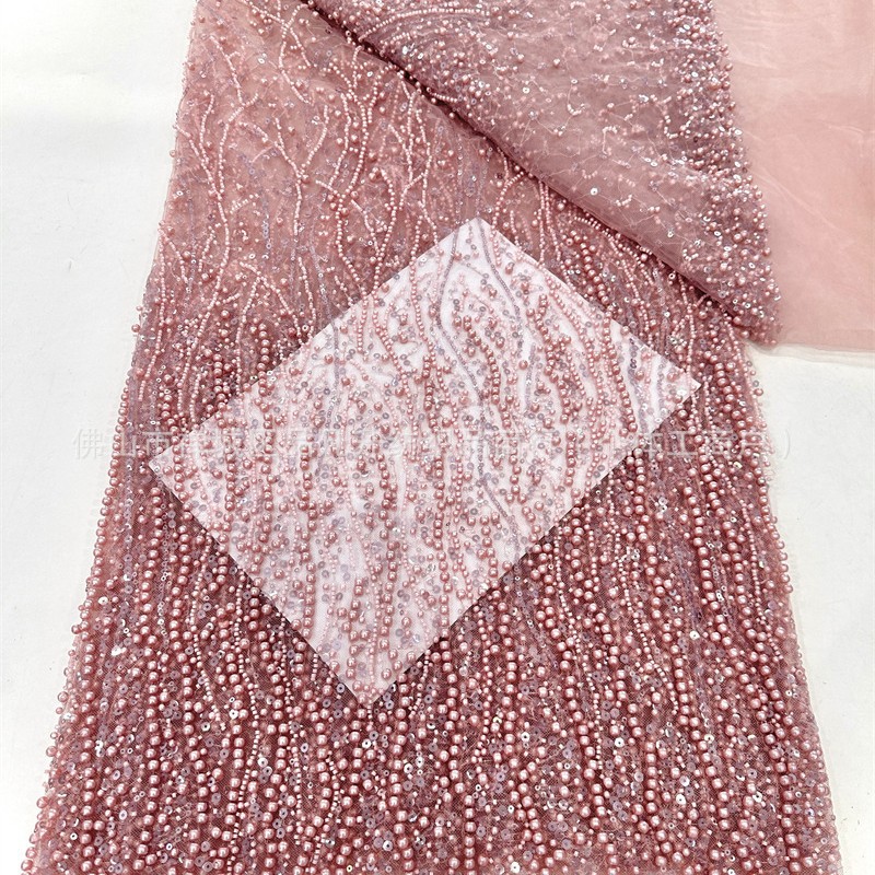 Tejido de bordado de malla de alta fijación vestido de boda tela de moda tamaño de perla serie de fabricantes en stock image 5
