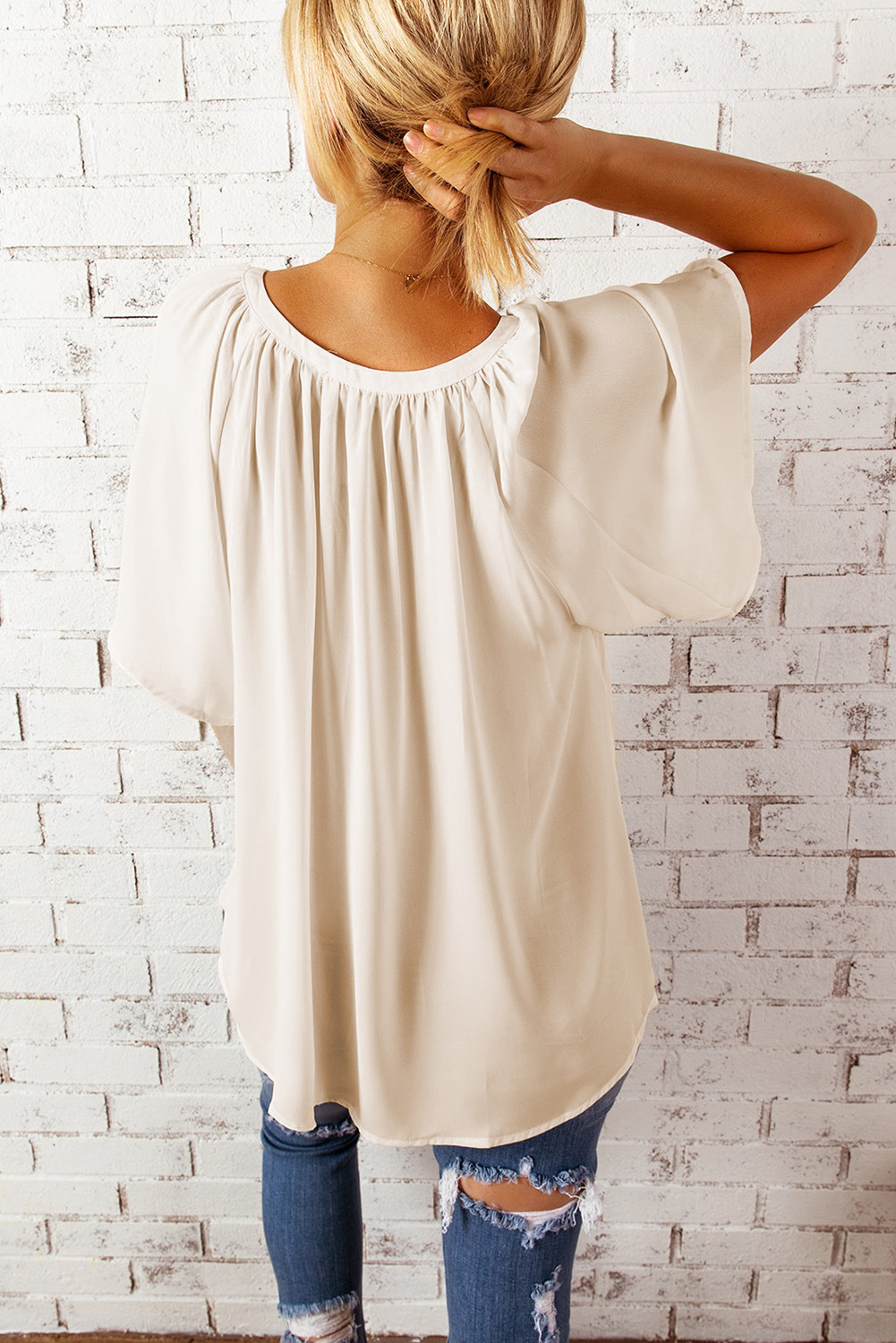 Women's V-neck T-shirt Loose Quarter Sleeve Summer Pullover Top_voghion.com