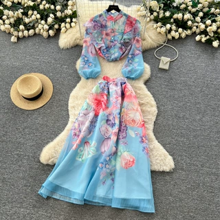 韩版通勤风印花两件套女2026年春秋季修身型高腰A字裙度假风套装