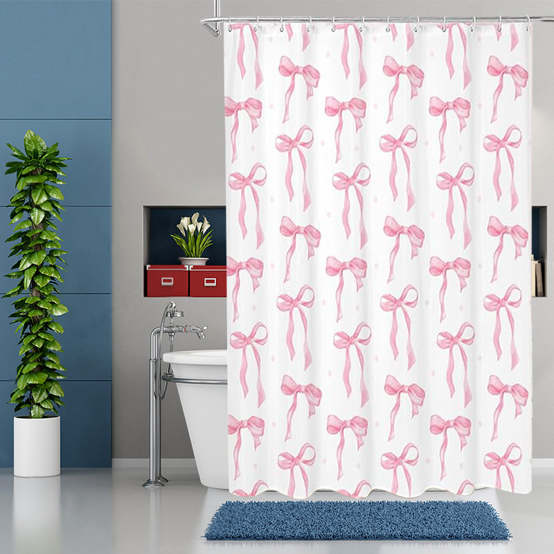 Cross-Border Custom Bowknot Waterproof and Mildew-Proof Shower Curtain, No-Drill Bathroom Partition Curtain, Fresh and Cute