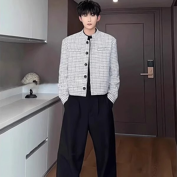 Tweed Chanel-Style Blazer for Men, Spring and Autumn, American Silhouette, Padded Shoulder Jacket, Short Houndstooth Suit Top