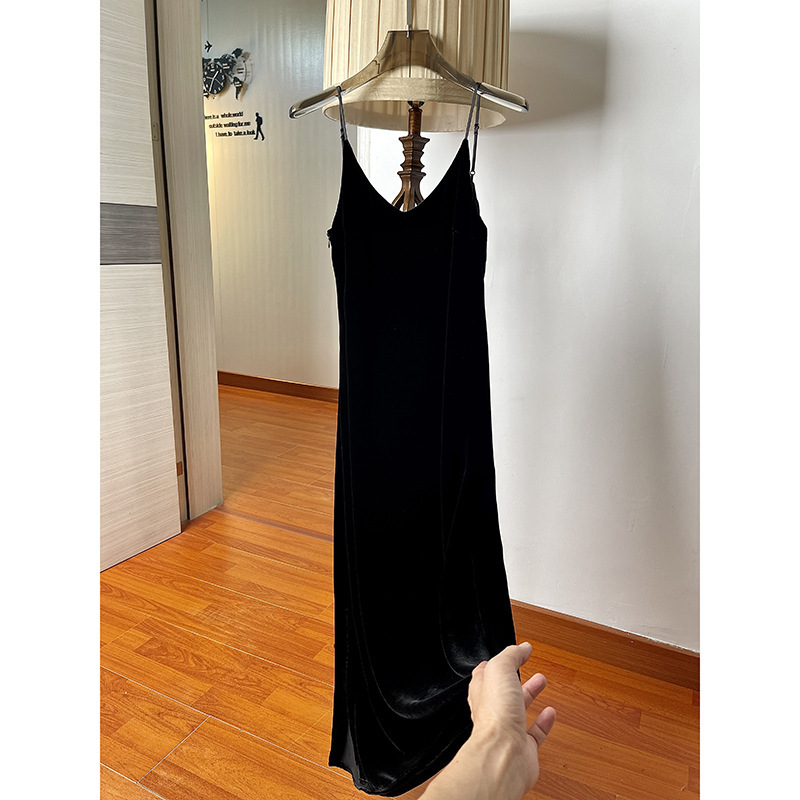 Hepburn style silk velvet suspender skirt for women spring summer autumn elegant V-neck slim slimming side slit long dress