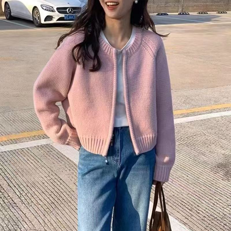 2025 New Autumn and Winter Loose Gray Short Sweater Jacket Women's Thickeneded Zipper Long-Sleeved Knitted Cardigan Top