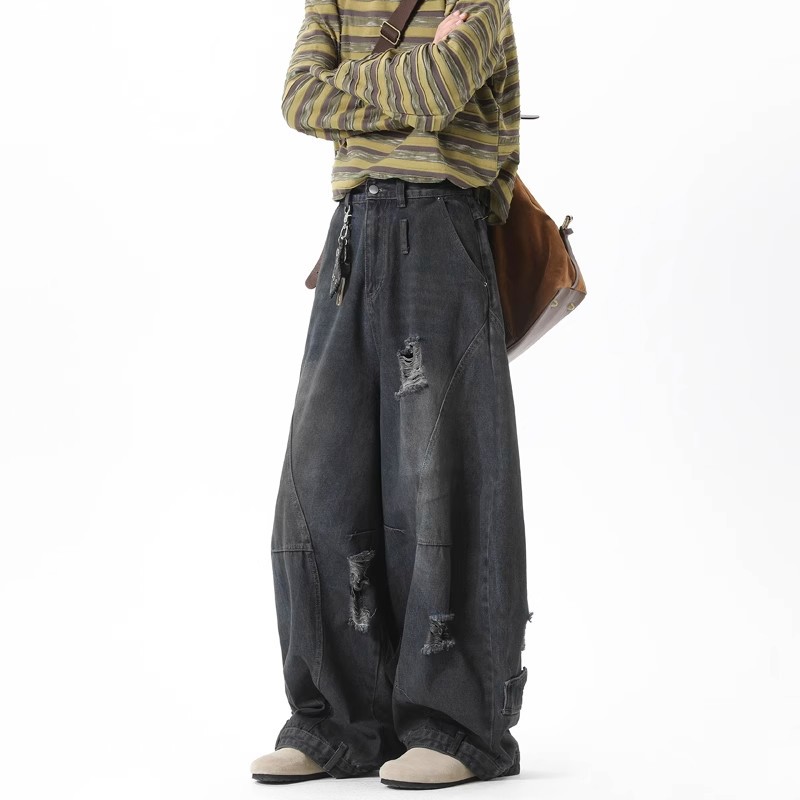 Deconstructed Ripped Machete Jeans Men's Summer Thin American Style Retro Loose Color Washed Wide Leg Pants