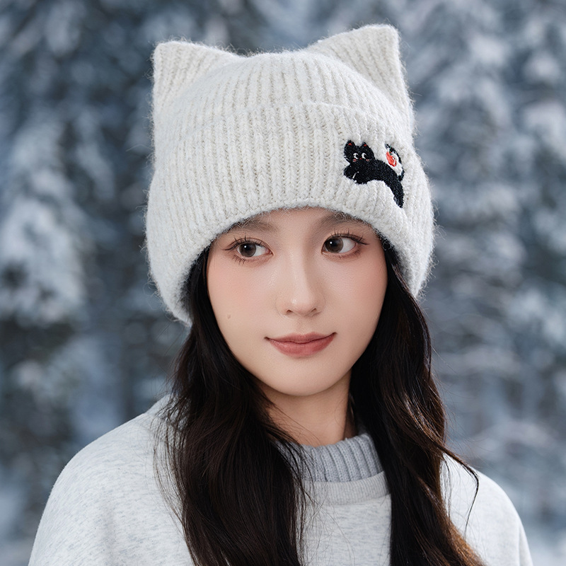 韩版时尚百搭秋冬季帽子女猫耳可爱针织毛线帽大头围显脸小包头帽