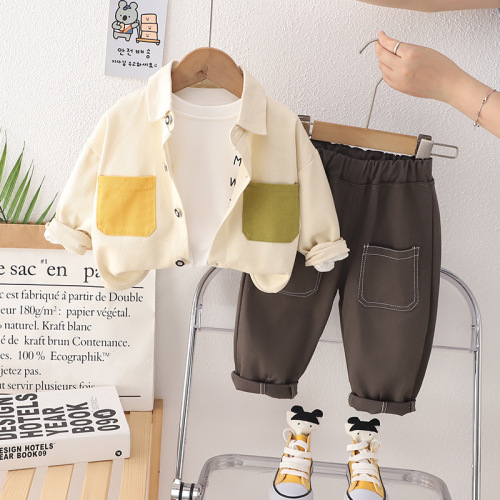 Commodore Children's Plaid Dual-Pocket Shirt T-Shirt Long Sleeve Base Shirt for Kids Outerwear Stylish Korean Version Three-Piece Set