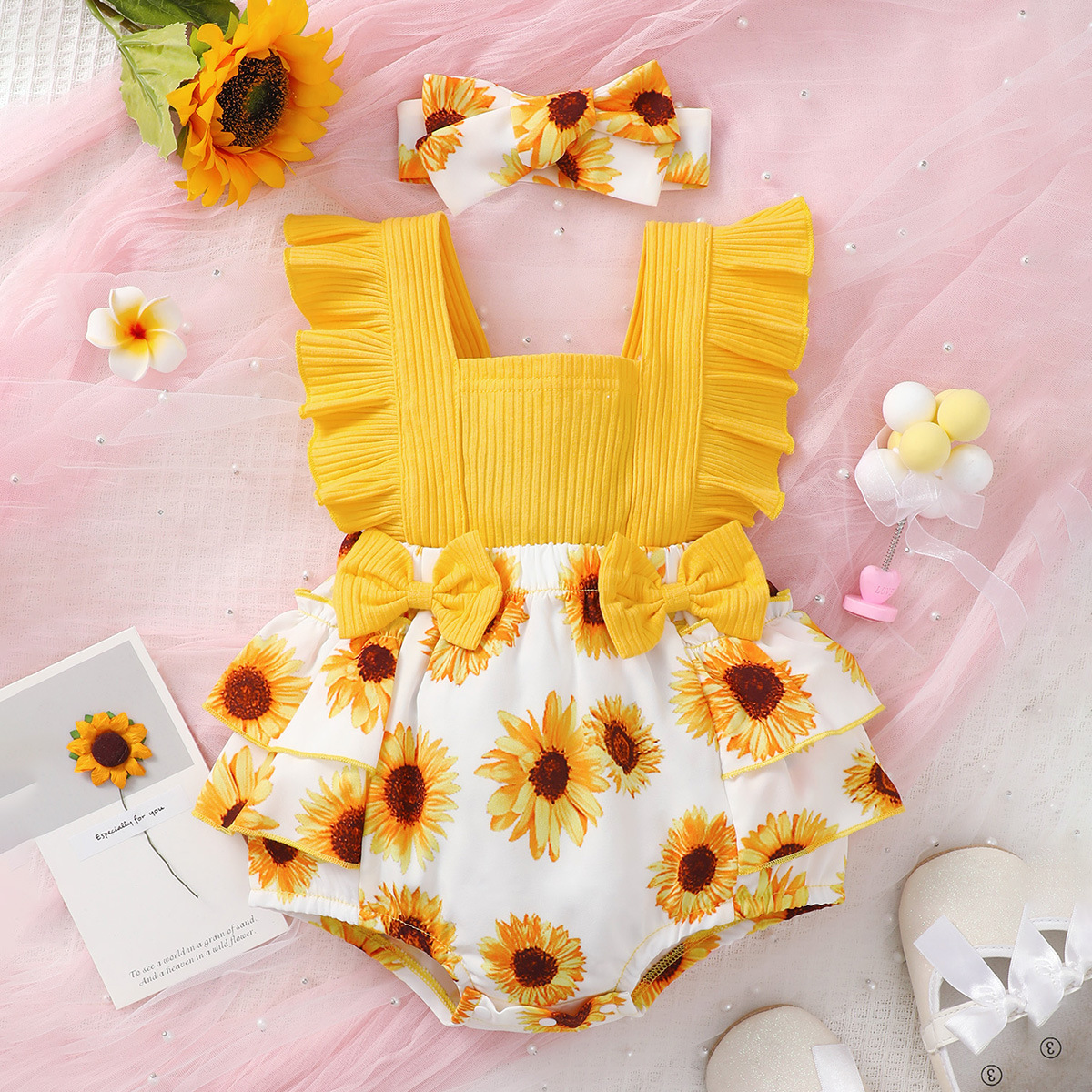 Cute Sunflower Printing Polyester Baby Rompers display picture 1
