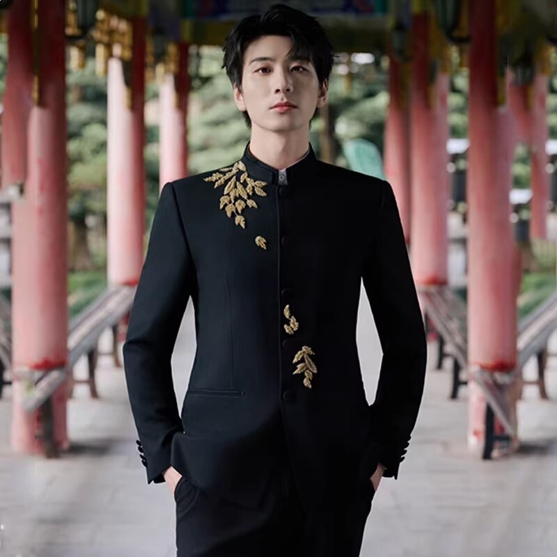High-End Black and Gold Heavy-Duty Chinese-Style Suit for Men, New Chinese-Style Wedding Attire, Groom's Wedding Suit Jacket