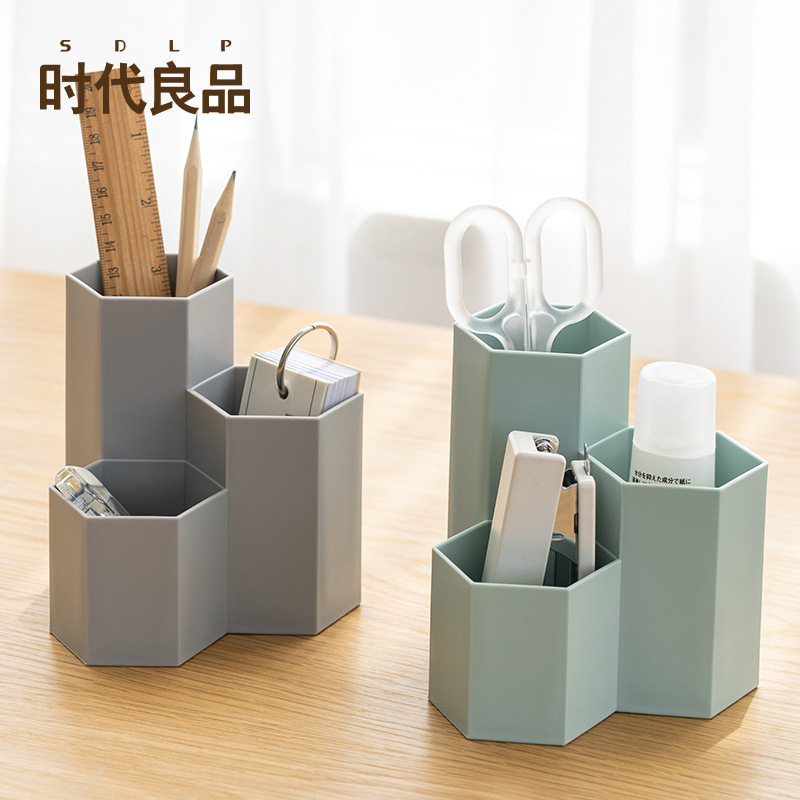 New Three-Row Pen Holder Desktop Stationery Storage Box Stationery Storage Office Supplies Makeup Brush Storage Bucket Yi Xi