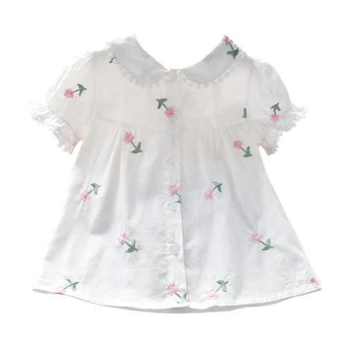 Baby Girl's Shirt 2025 Summer Wear Korean Style Embroidered Short Sleeve Top for Girls Fashion Baby White Blouse