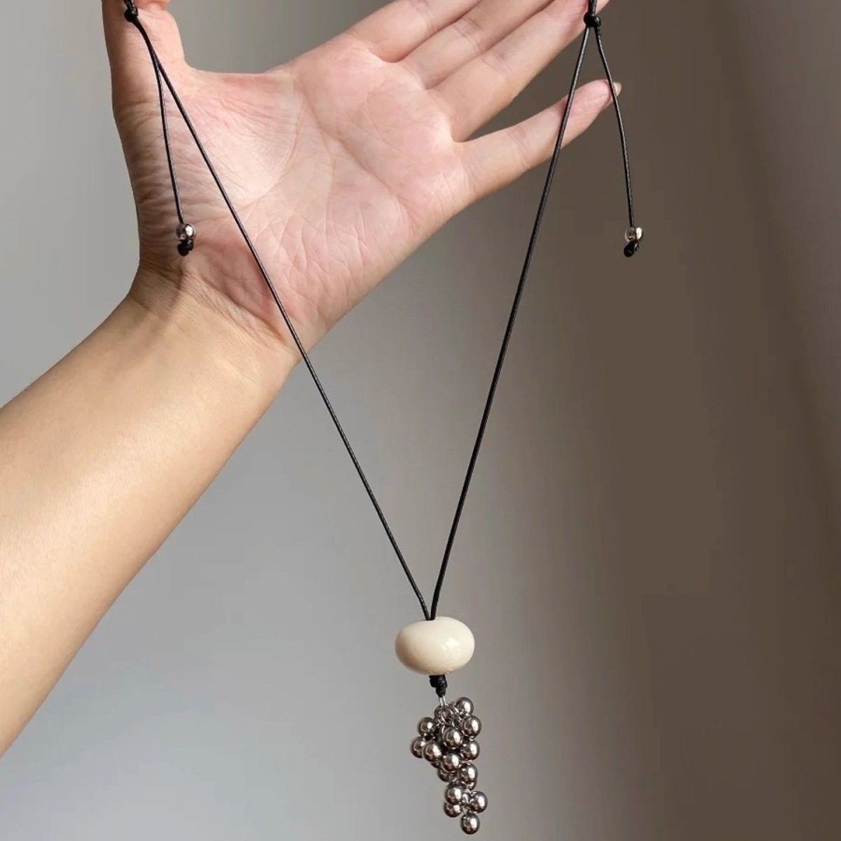 Korean Ins Style Silver Grape Bunch Pendant Tassel Leather Rope Long Necklace Women's Niche Design Sweater Chain Accessories