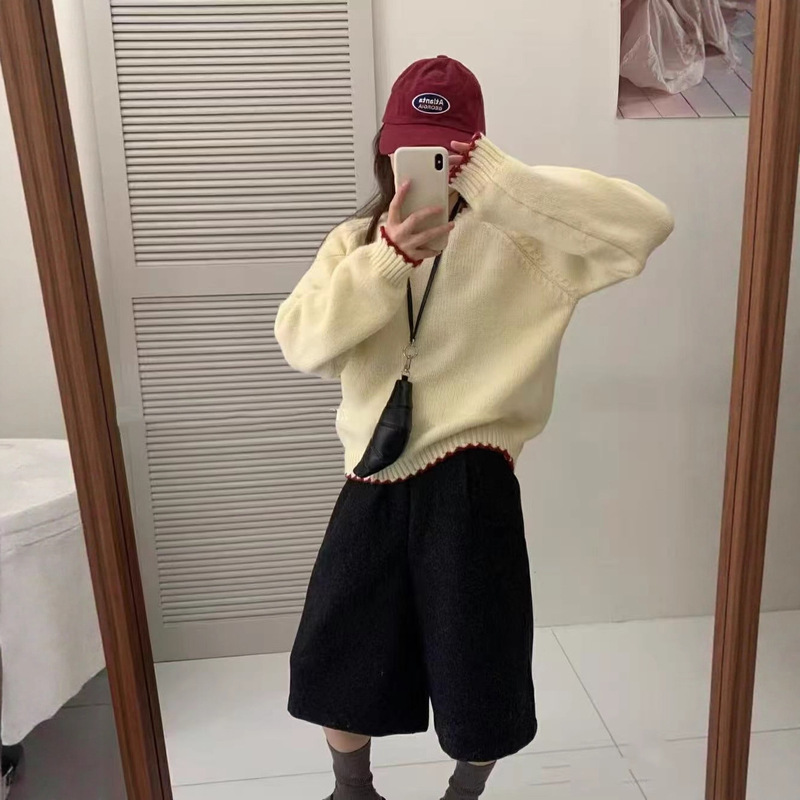 拼色圆领套头毛衣女2025秋冬新款韩版宽松甜美软糯针织衫长袖上衣|undefined