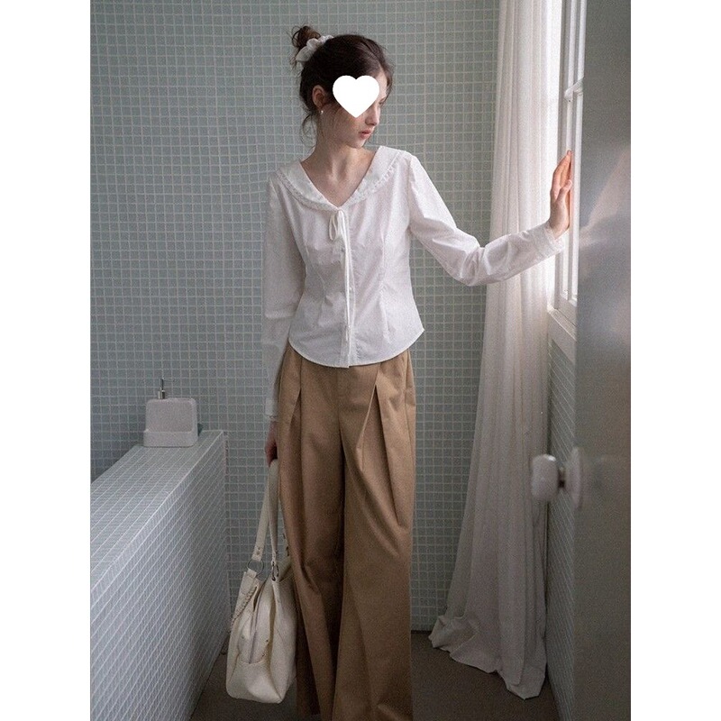 French-style white collared long-sleeve shirt for women, new early autumn model, sweet lace-trimmed elegant cardigan, commuter top