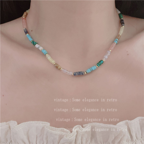 Colorful natural stone gold beads hand-beaded necklace national trend stacked clavicle chain high-end forest neck chain Europe and America