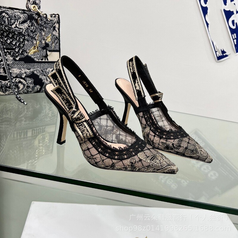 2025 New D Brand Butterfly Embroidery Lettered Mesh Cat-Eye Heel High Heels Open-Back Sandals Fashion Shallow Shoes