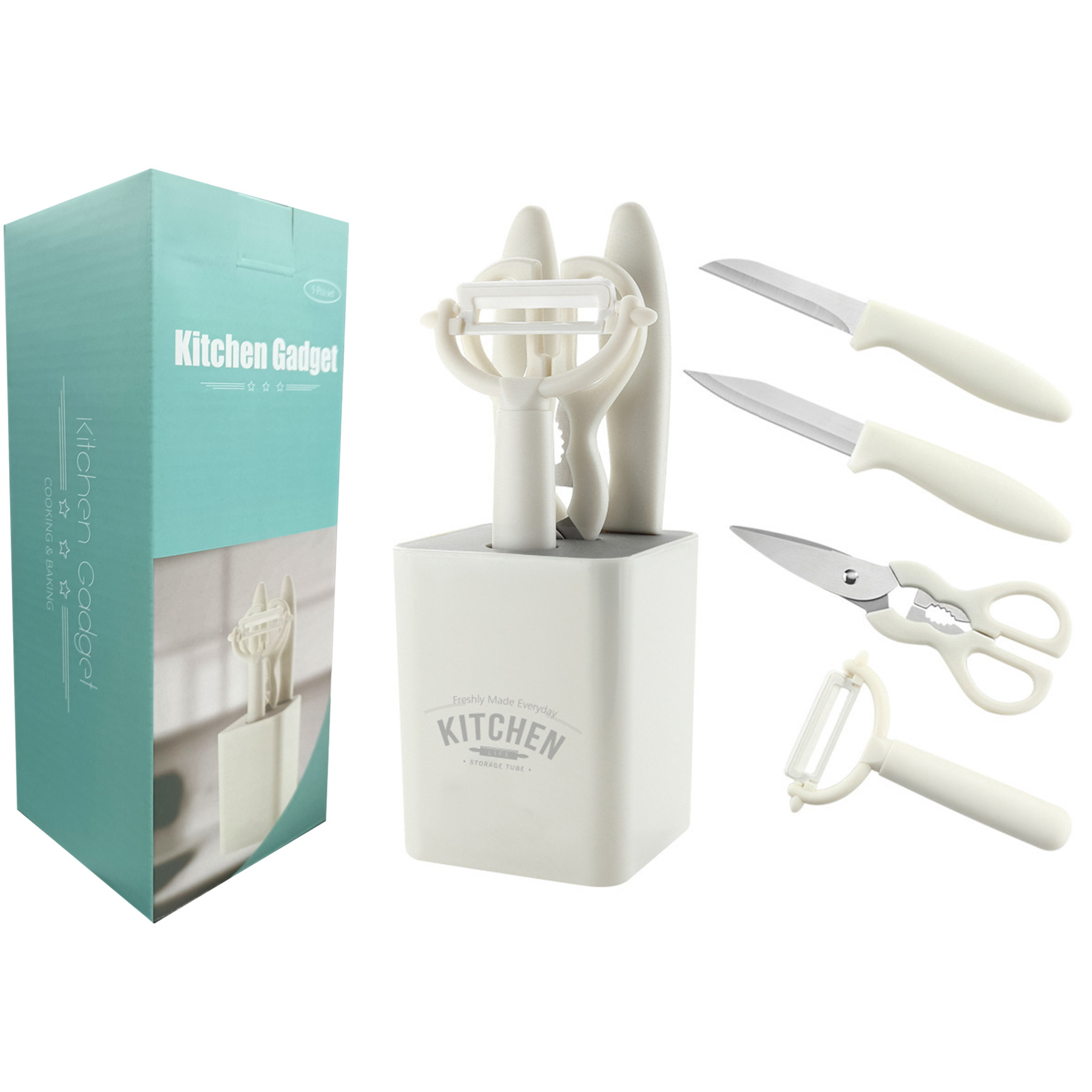 5-Piece Kitchen Gadget Set: Fruit Peeler Knife Kit with Storage Stand, Vegetable Scraper, and Baby Food Prep Scissors &ndash; Fruit Knife Set