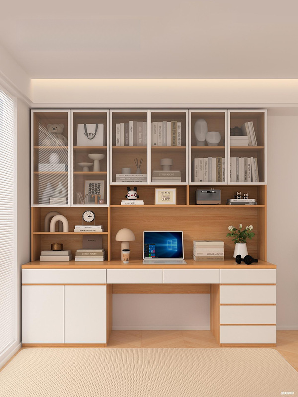 Casual and Modern Glass Door, Bookshelf, Desk Integrated Small Apartment, Study Room, Computer Desk, Save Space