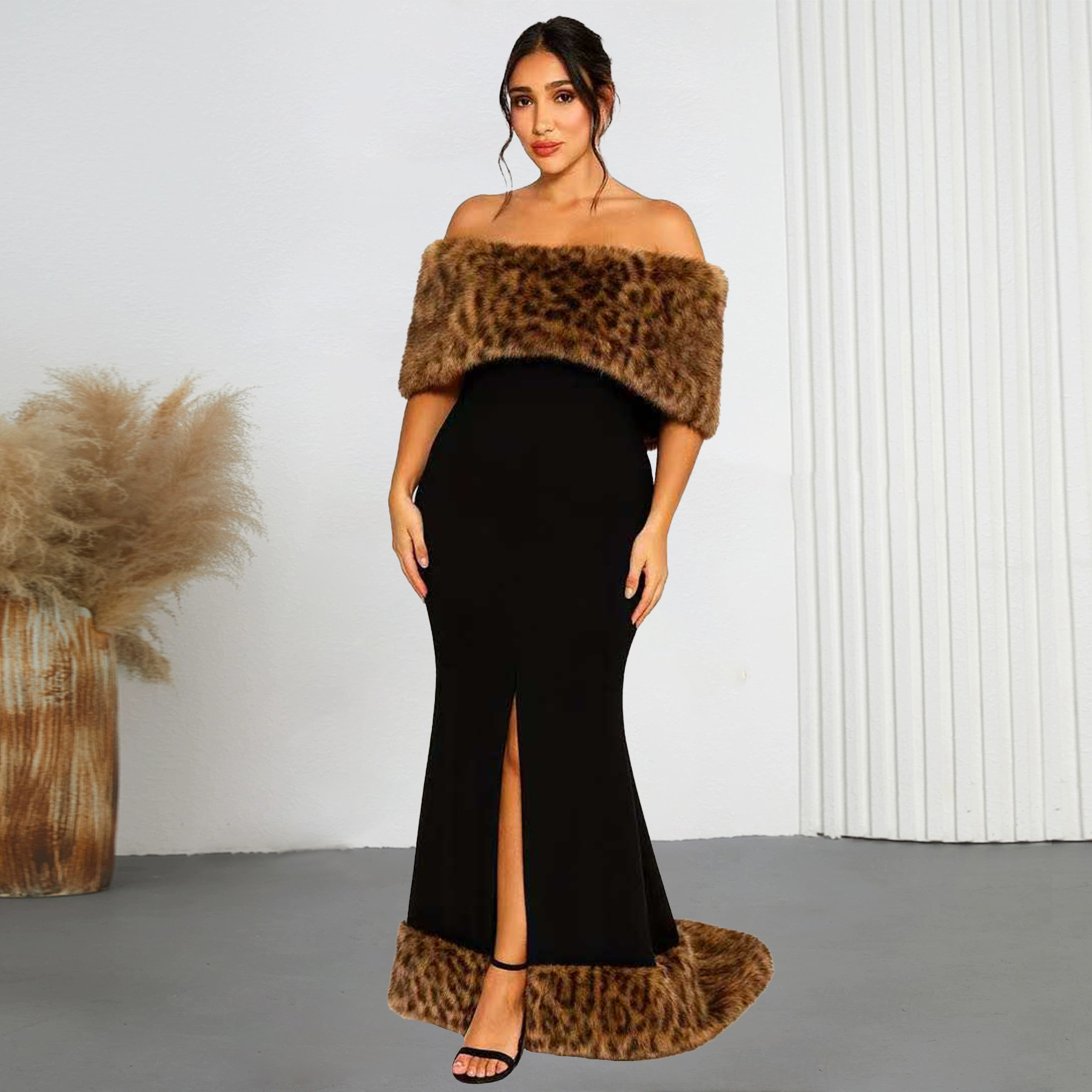 250917 Amazon's New European and American Fashion Women's Leopard Print Fur Collar Dress One-Shoulder Fishtail Dress