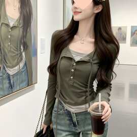 小个子假两件连帽长袖t恤女秋冬季设计感小众修身超好看上衣