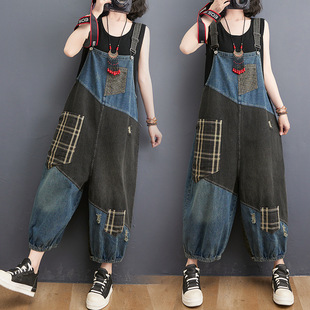 Fashion Contrasting Color Stitching Plaid Ripped Denim Overalls Women's Spring and Summer Loose Age-reducing Wide-leg One-piece Ankle-length Pants