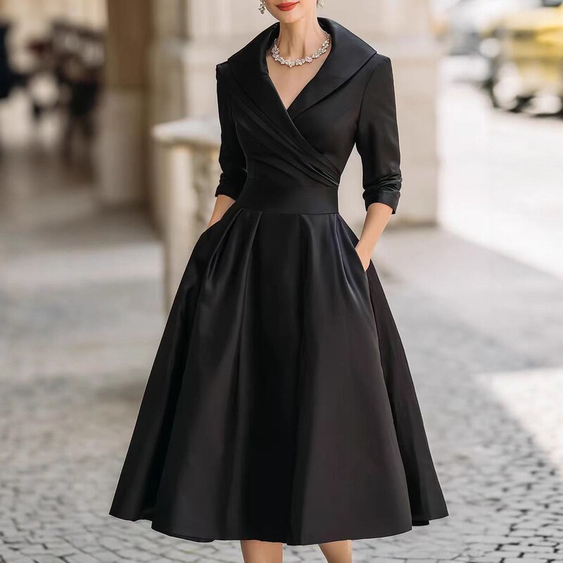 2025 European and American Fashion Amazon Independent Site Elegant Formal Waist Dress Slimming Elegant Long-Sleeved Dress