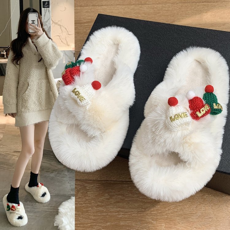 2025 New Hot Style Plaid and Easiest for Match Applique Slippers Women's Christmas Hat Fairy Style Home and Outdoor Wear Furry Slippers