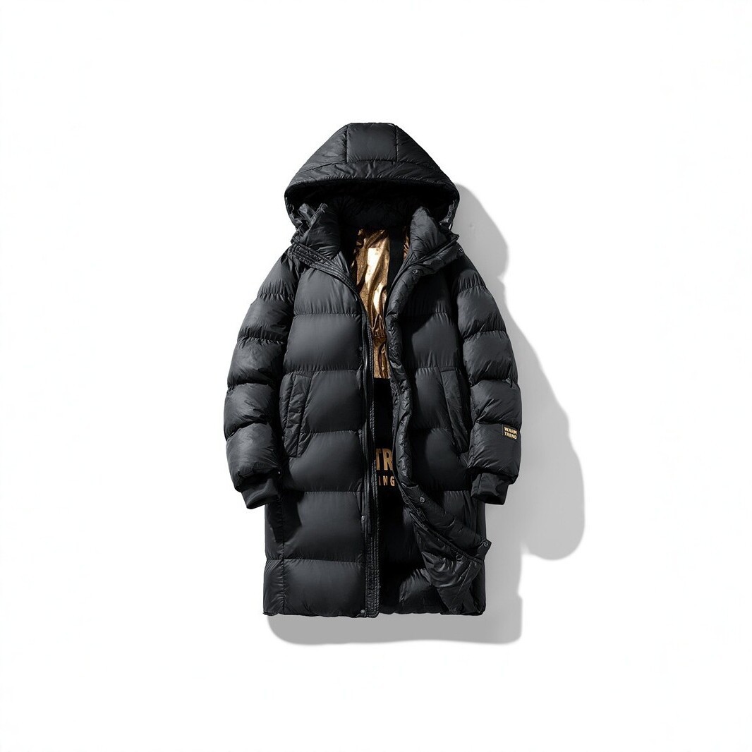 Men's mid-length hooded thickened warm cotton coat, loose-fitting casual outerwear for winter, black, fashionable, and sporty