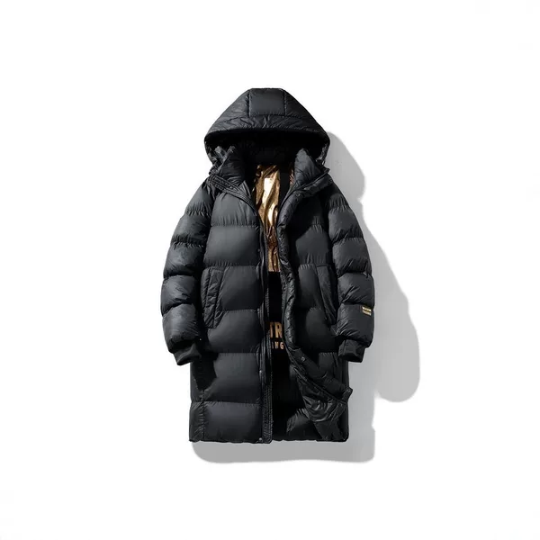 Men's mid-length hooded thickened warm cotton coat, loose-fitting casual outerwear for winter, black, fashionable, and sporty