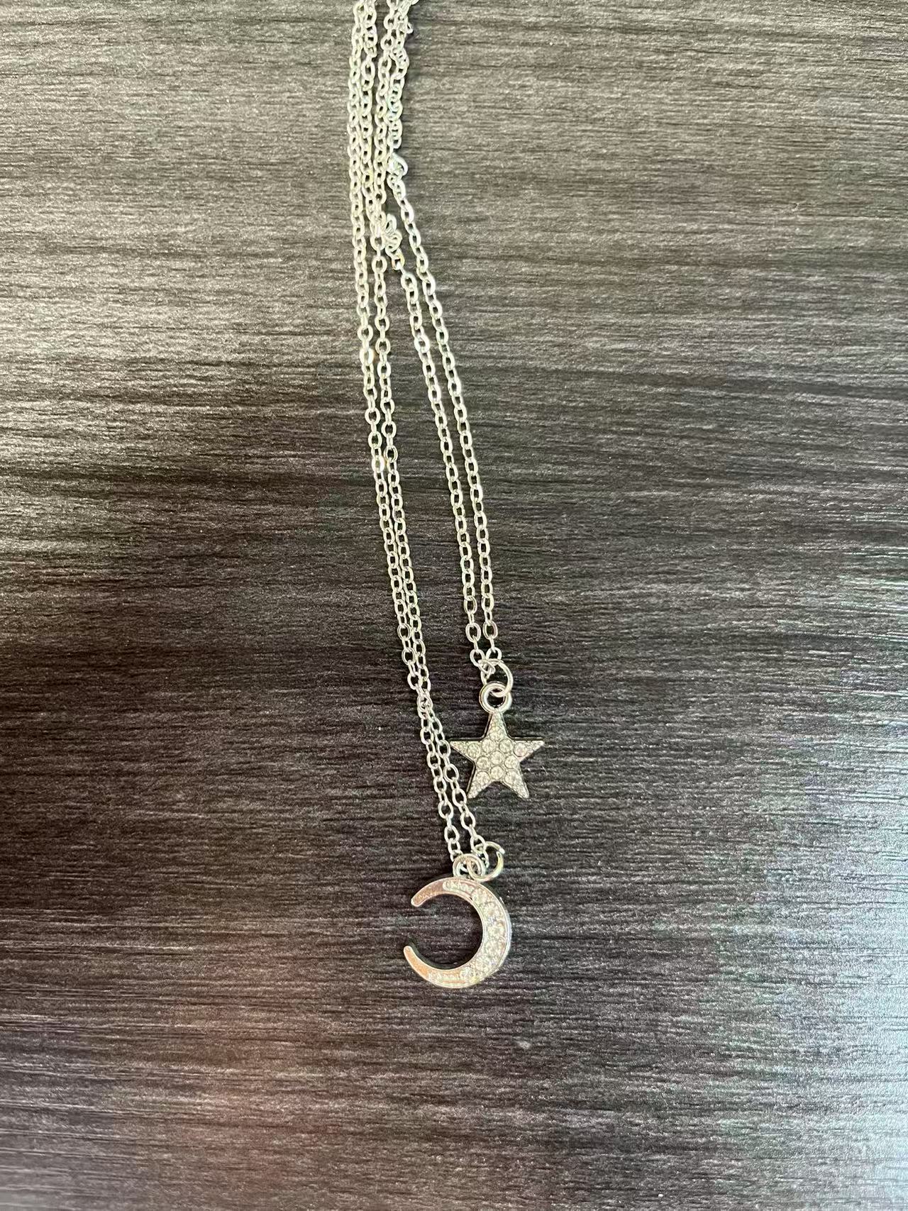 Silberne Glitzernde Stern Mond Doppelkette Für Damen_voghion.com
