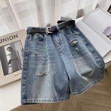 梨形身材破洞牛仔短裤女夏季薄款大码胖mm高腰遮胯a字阔腿五分裤