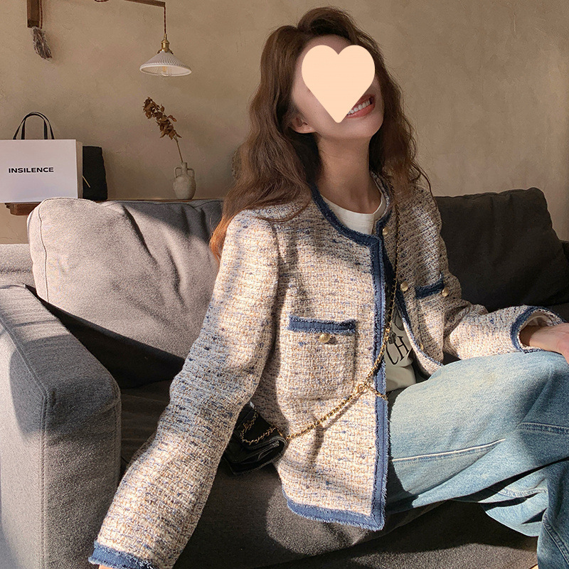 フレンチスタイルの女性用スプライスデニムショートジャケット2025春秋の新しいスタイルのスリムツイードショートトップ|undefined