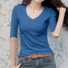 洋气v领上衣女七分袖紧身收身五分袖大码体恤半袖蓝色t恤女士中袖