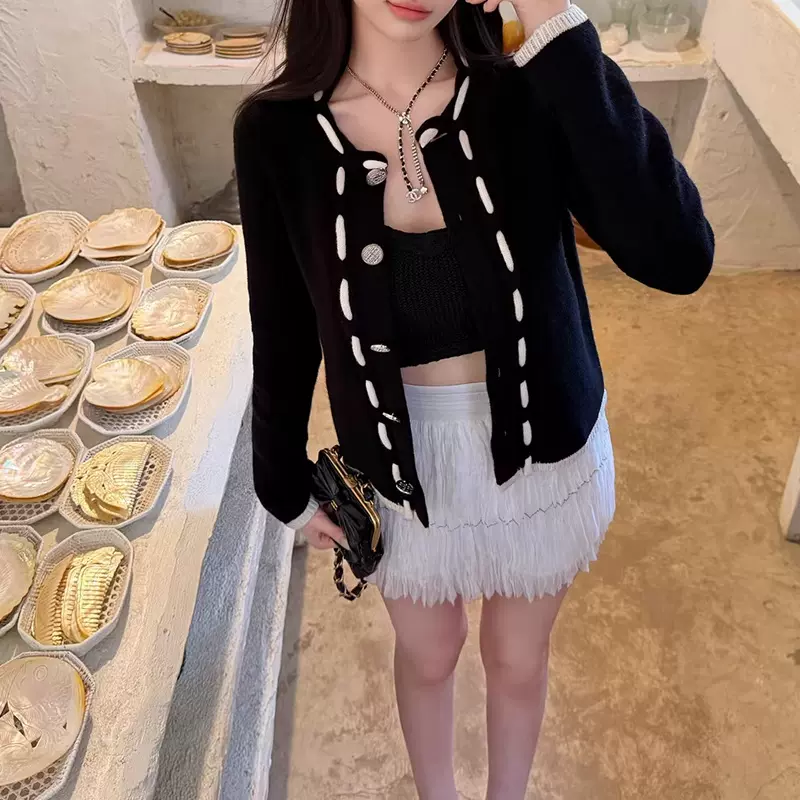 ［少量现货］CHIC 穿绳设计小香绵拼色针织开衫外套女韩版针织衫