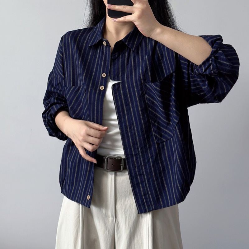 休闲条纹翻领短款小个子女长袖衬衣设计感百搭显瘦衬衫秋季上衣|undefined