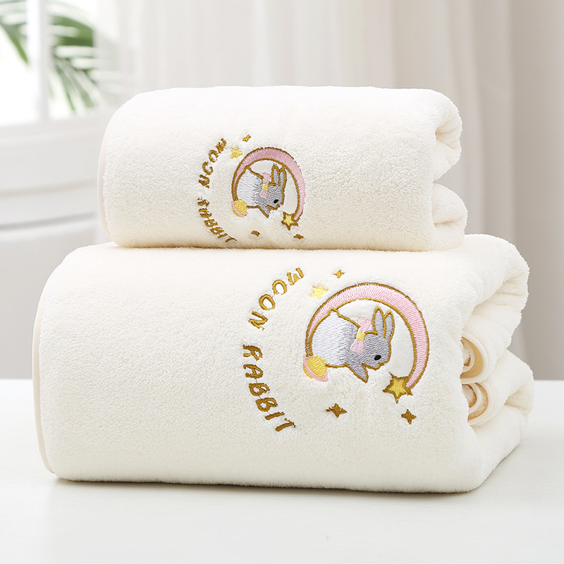 Wholesale bath towel female coral fleece thickened adult absorbent household non-pure cotton beach towel high-end bath towel embroidered moon rabbit