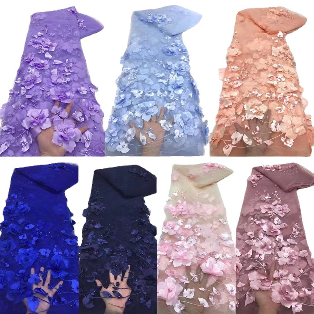 3D bordado tela de malla hecha a mano con cuentas tridimensional bordado tela primavera y verano ropa vestido de tela en stock venta al por mayor