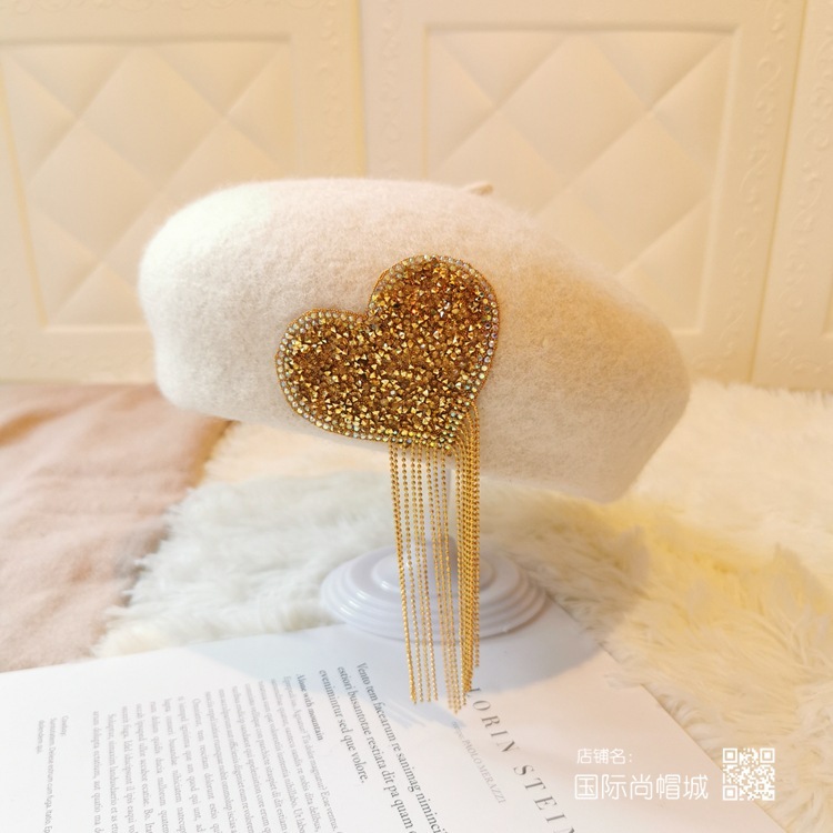 秋冬新款爱心流苏贝雷帽韩系保暖帽子女复古毛呢画家帽百搭贝蕾帽|undefined