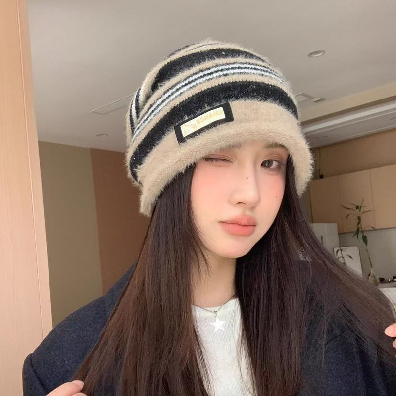 秋冬新款堆堆帽冷帽女护耳保暖包头帽子女士时尚条纹针织毛线帽潮|undefined