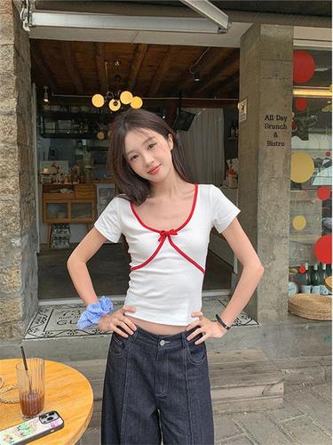 Women's Short Sleeve T-Shirt 2025 Summer New Hot Girl Fitted Slimming Red Bowknot Student V-Neck Short Top Trendy