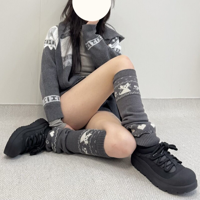 New Nordic Fair Isle Knit Kitten Bow Jacquard Extended Warm Leg Warmers with Snow Boots and Slouch Socks