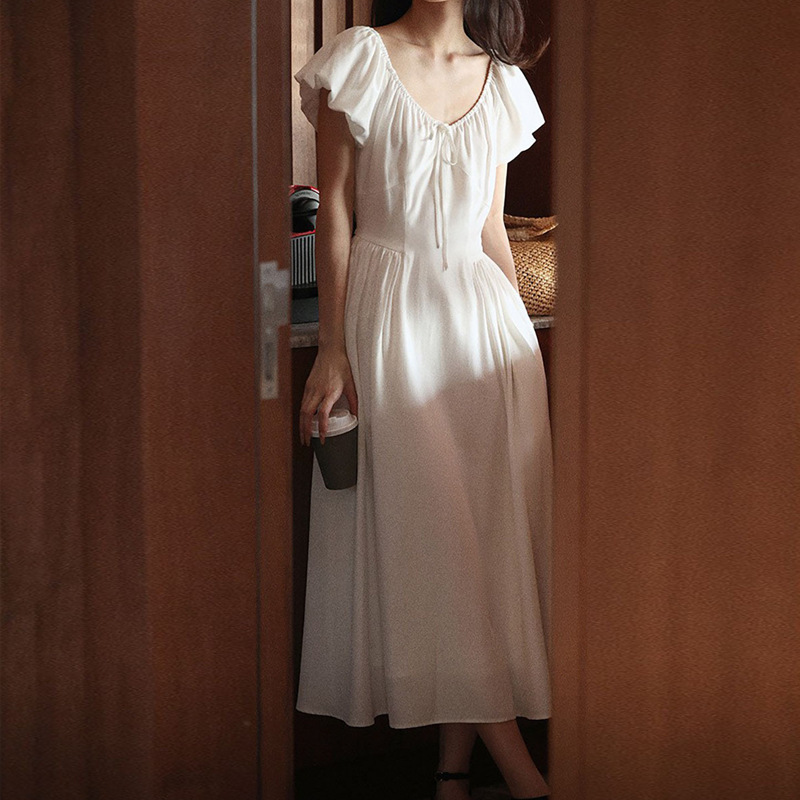 Gallery Girl Wrinkle-resistant French Puff Sleeve V-neck Dress Slimming Fairy Skirt All-match Slimming Internet Celebrity